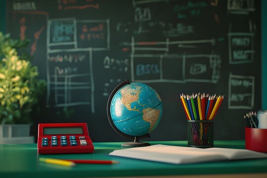Classroom desk globe calculator pencils learning
