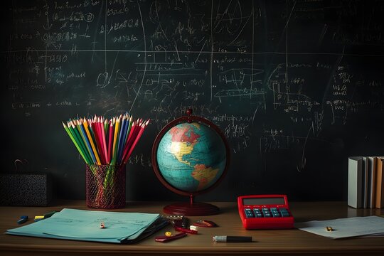 Classroom desk, globe, pencils, equations, learning - Powered by Adobe