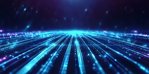 Naklejka premium A digital landscape with glowing blue lines and particles, suggesting a futuristic or technological environment. Concept Futuristic Digital Landscape, Glowing Blue Lines, Technological Environment