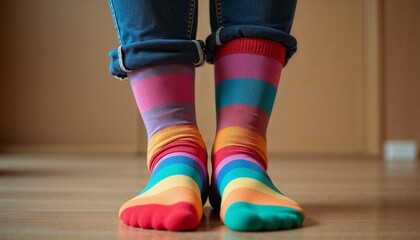 Feet wearing colorful striped socks, rolled-up jeans on a wooden floor