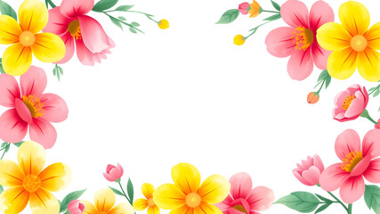 Fototapeta premium Floral Frame: Vibrant watercolor flowers in shades of pink and yellow create a delicate frame, perfect for adding a touch of spring to any design. 