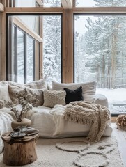 Cozy Winter Cabin Living Room With Snow View