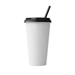 A tall white paper cup with a black lid and straw is shown against a black background.