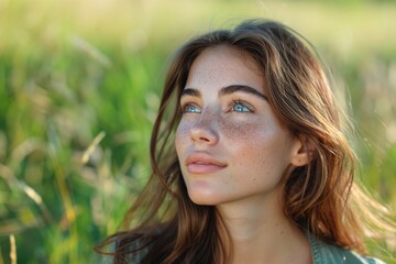 Fototapeta premium Young woman with freckles gazing thoughtfully while surrounded by lush green grass in a sunlit meadow during a warm afternoon