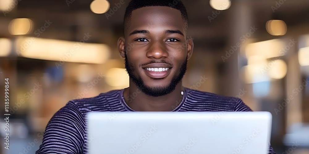 Aufkleber a man with a beard is smiling while using a laptop in a bright, modern environment. concept bearded 