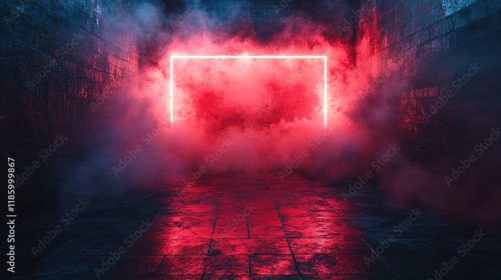 Poster features a dark stock photo, empty room with a concrete floor, illuminated by a neon red light and f