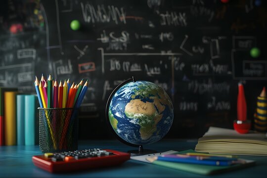 Global education classroom desk, globe, pencils, chalkboard - Powered by Adobe