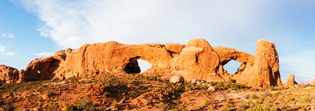 Panoramic of Turret arch at sunset, Arches National Park, Utah, United States