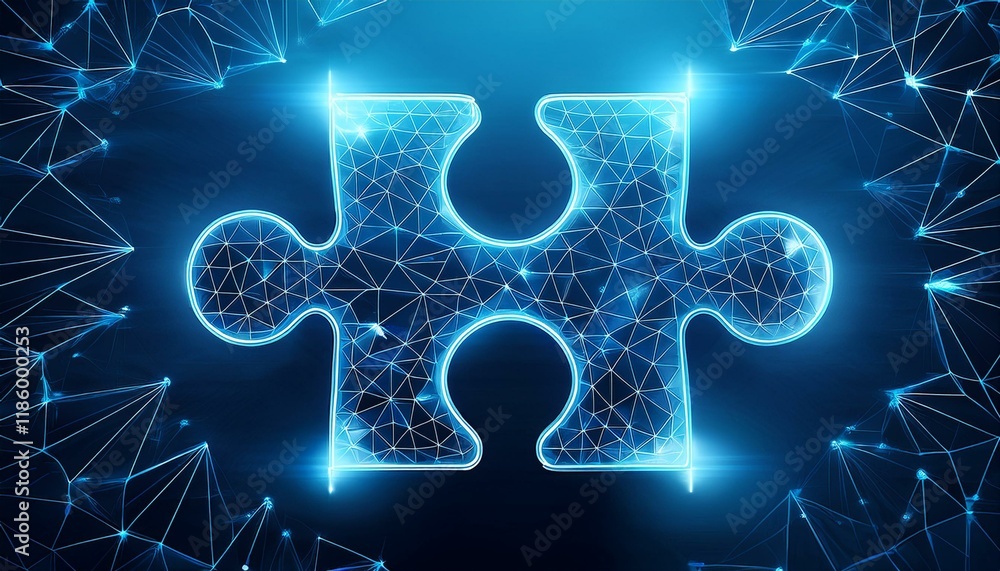 Aufkleber connecting a jigsaw puzzle with glowing blue. low polygon or low poly design and triangle