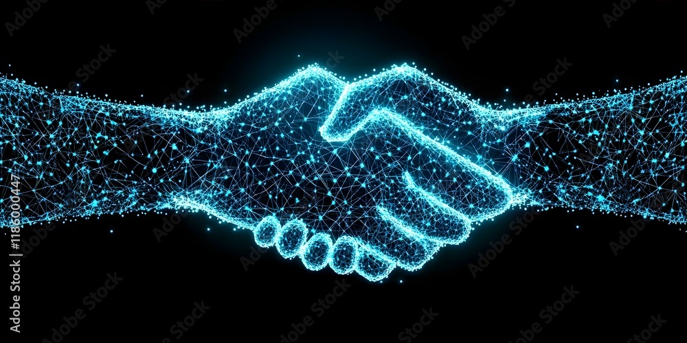 Poster a digital representation of a handshake, formed by interconnected glowing particles and lines agains
