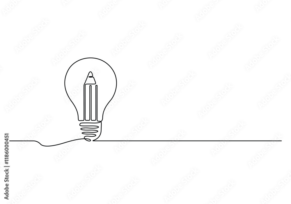 Sticker Light bulb and pencil in one continuous line drawing. Creative idea innovation and writer and poetry concept. Vector illustration