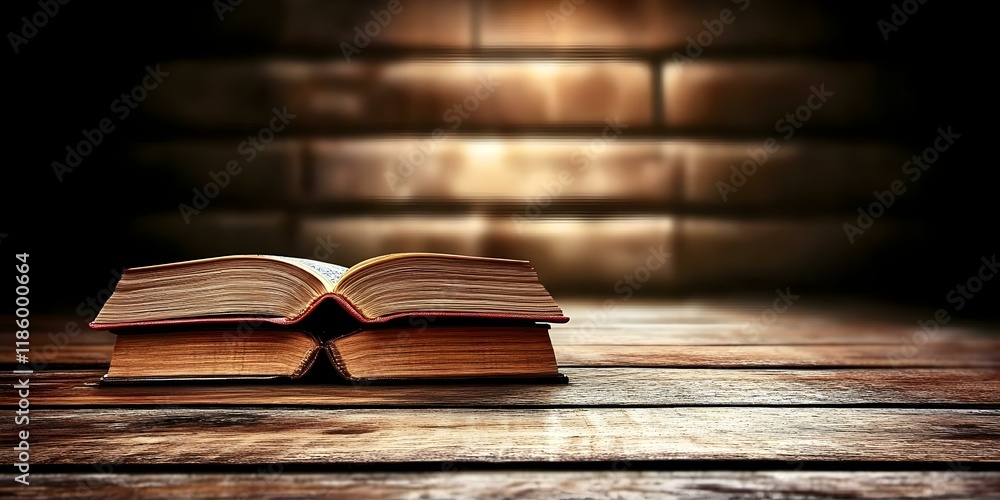 Poster an open book resting on a wooden surface with a softly lit, blurred background, creating a warm and 
