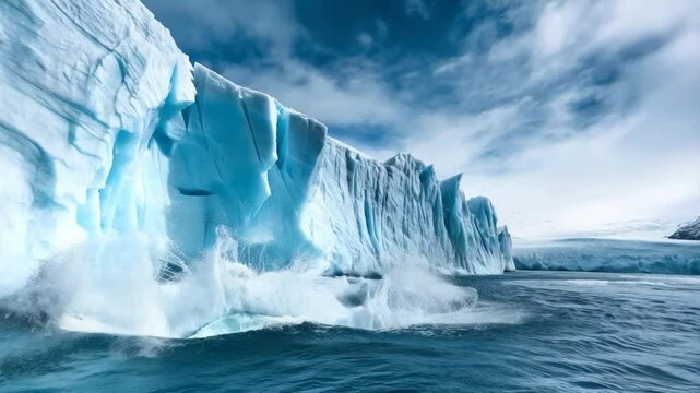 A massive iceberg collapses into the ocean, creating a dramatic splash under a cloudy blue sky