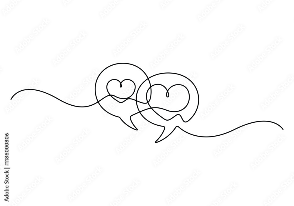 Poster single line drawing of speech bubbles. simple continuous one line bubble chat with a heart .talk bub