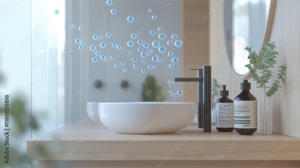 Poster droplets of sanitizer actively combating bacteria near a modern sink in a light and airy bathroom se