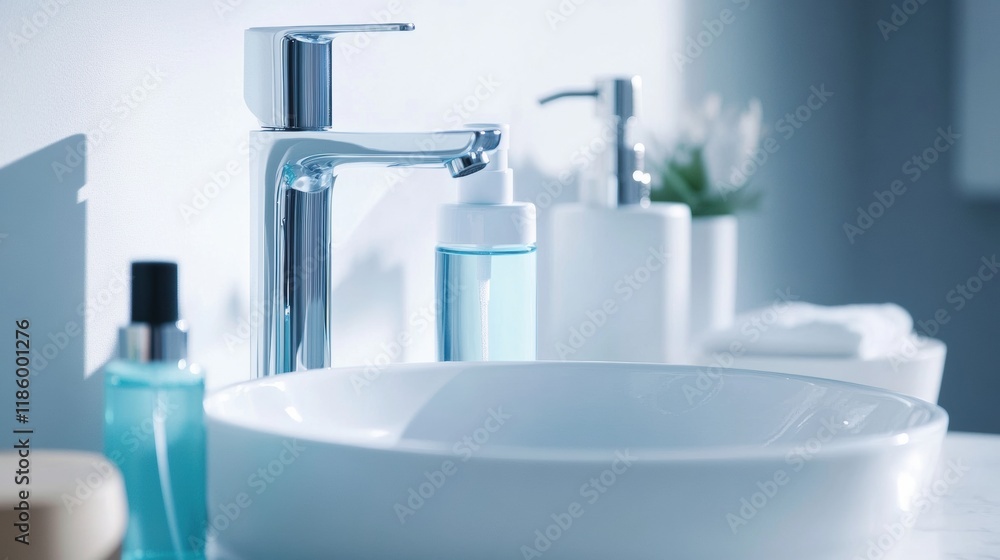 Poster droplets of sanitizer effectively eliminating bacteria on a clean surface in a contemporary bathroom