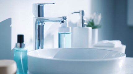 Droplets of sanitizer effectively eliminating bacteria on a clean surface in a contemporary bathroom setting. Generative AI