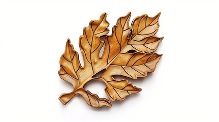 An isolated wooden carving of a leaf, showcasing intricate details, placed on a white background.