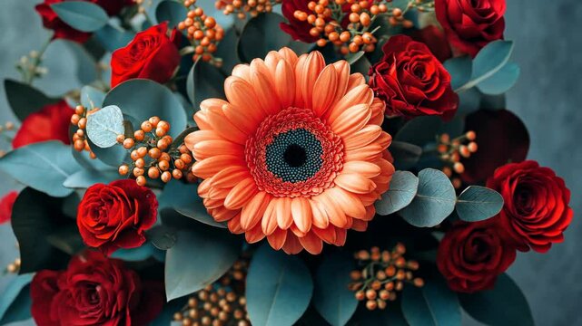 Beautiful arrangement of orange gerbera daisies and red roses with green foliage in a vibrant floral display