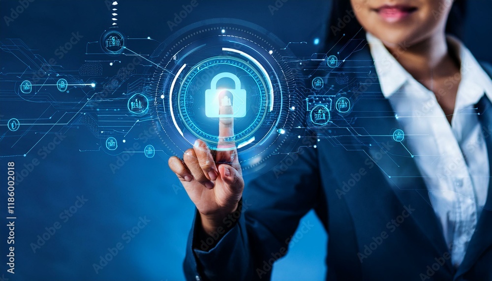 Aufkleber business hand clicks virtual screen to _the icon security on the virtual display to data