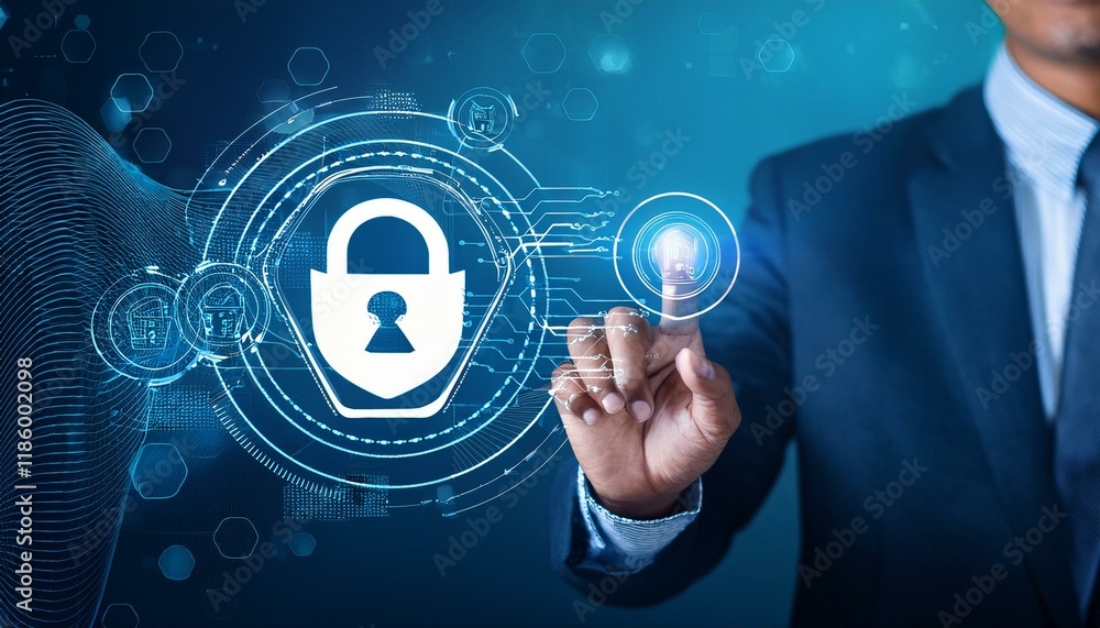 Poster business hand clicks virtual screen to _the icon security on the virtual display to data