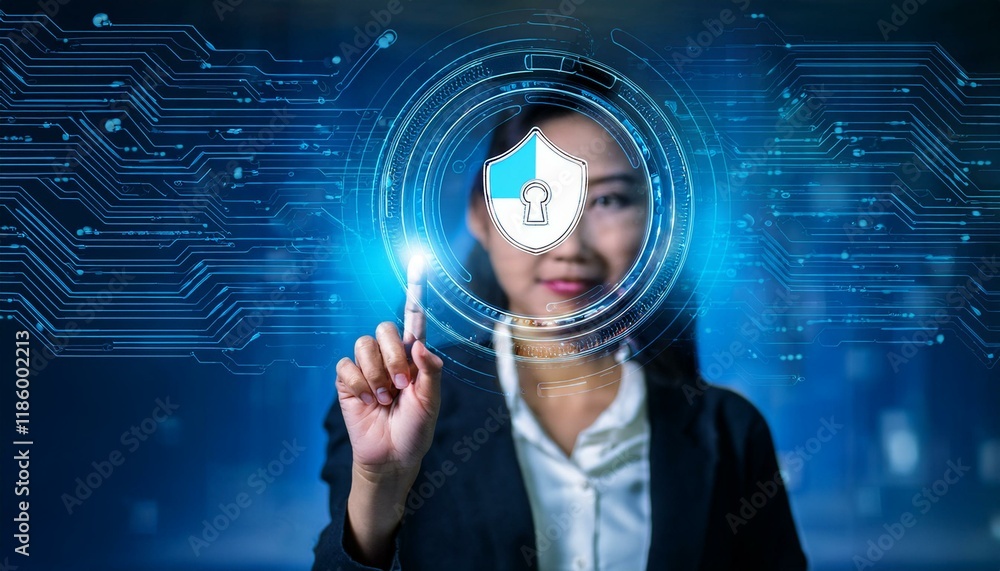 Aufkleber business hand clicks virtual screen to _the icon security on the virtual display to data