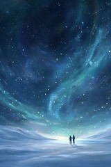 Obraz premium Enchanting Aurora Borealis Illuminates Frozen Lake and Silhouetted Figures