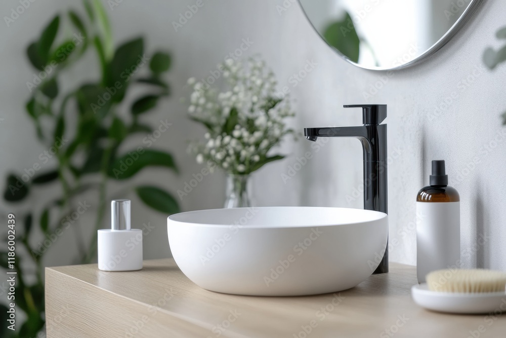 Poster sanitizer droplets effectively eliminating bacteria on a clean bathroom countertop with greenery in 