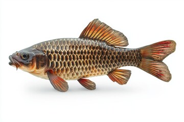 Fototapeta premium A realistic depiction of a fish with a textured body, featuring shades of brown and orange, showcasing its fins and scales prominently against a white background.