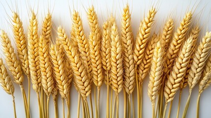 Golden wheat ears arranged in a row on white background.