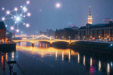 Fototapeta premium Abstract smart city lights by night, , network ,river bridge connectivity, technology, telecommunications with background.