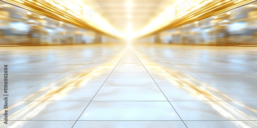 Poster a bright, blurred corridor with glossy tiles, creating a sense of depth and a luminous, ethereal atm