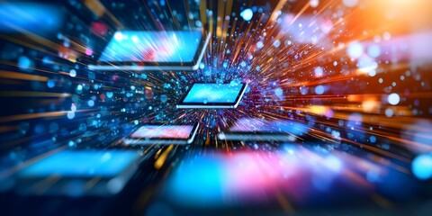 An abstract representation of digital devices or screens in a dynamic, fast-moving space with vibrant colors and light effects. Concept Digital Devices Abstract, Vibrant Colors, Dynamic Motion