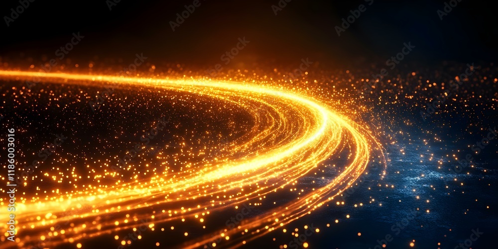 Poster a dynamic swirl of golden light and sparkling particles on a dark background, creating a vibrant and