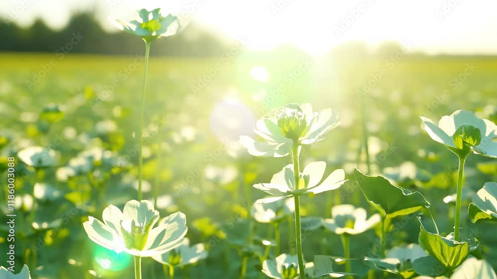 Poster ethereal panning video of clover field reflecting sunlight and creating mirror-like patterns in a de