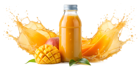 a plastic bottle of mango juice with an orange cap and splash, png