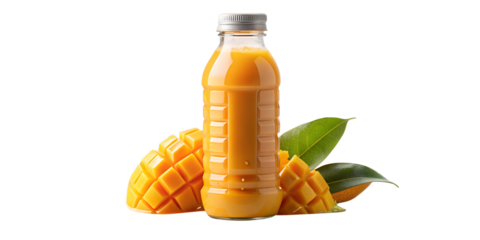 a plastic bottle of mango juice with an orange cap and splash, png