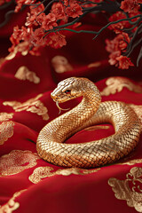 Obraz premium Dragon orSnake illustration design, minimalist, graphic design, clear scales, writhing body, gold foil paper brush marks