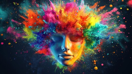 Colorful Explosions Surrounding a Serene Human Head Art