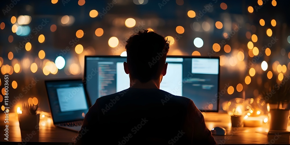Aufkleber a person sitting in front of multiple computer screens, illuminated by candlelight, with a blurred c