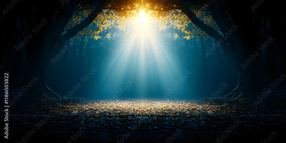 Poster a serene forest scene with beams of sunlight filtering through trees, creating an ethereal and tranq