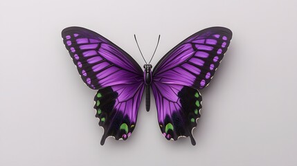 Obraz premium Elegant Purple and Green Butterfly with Radiant Illuminated Wings Resting on Neutral Grey Backdrop