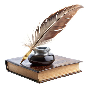 feather quill and ink pot resting on a book cut out