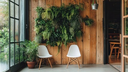 Modern sunroom, vertical garden, wooden wall, chairs, plants