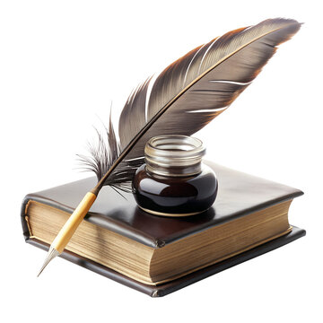 feather quill and ink pot resting on a book cut out