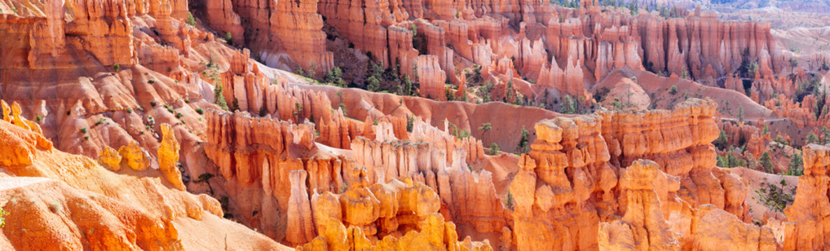 Pinnacle rocks at sunrise, panoramic, Bryce Canyon National Park, USA