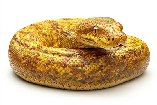 A close-up view of a coiled yellow python showcasing its intricate scale patterns and unique coloration.