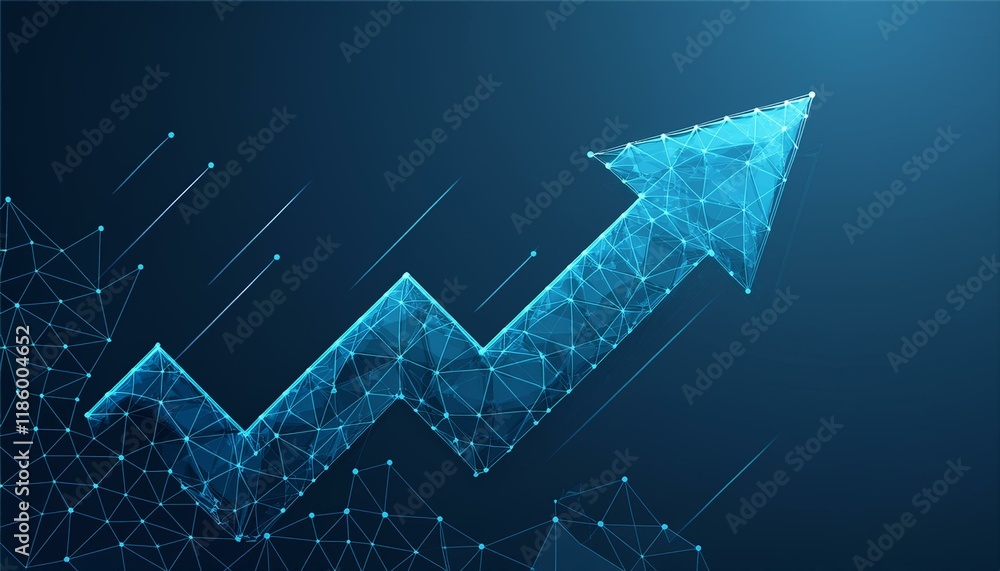 Poster arrow up composed in low polygon or low poly design. growth symbol consists of lines, dots,