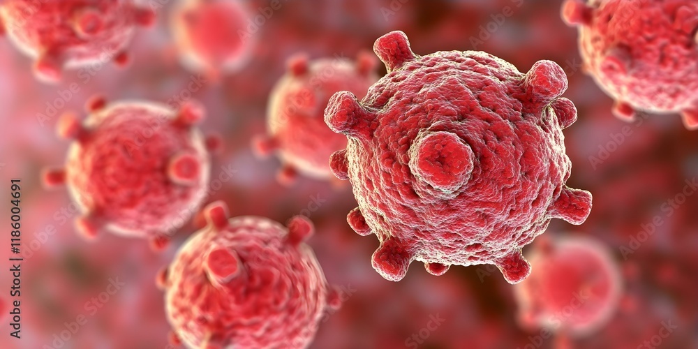 Aufkleber microscopic view of virus particles, characterized by a rounded shape and spiky surface structures, 