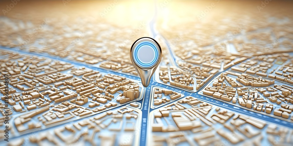 Poster a city map with a prominent location marker, indicating a specific point of interest or destination.